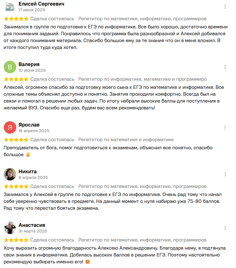 Фрагмент отзывов с Авито: Елисей, Валерия, Ярослав, Никита и Анастасия